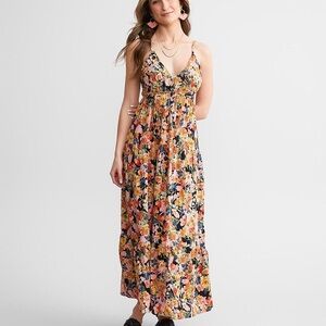 Angie Floral Black Multi Color Smocked Maxi Dress - Open Tie Back - Flowy